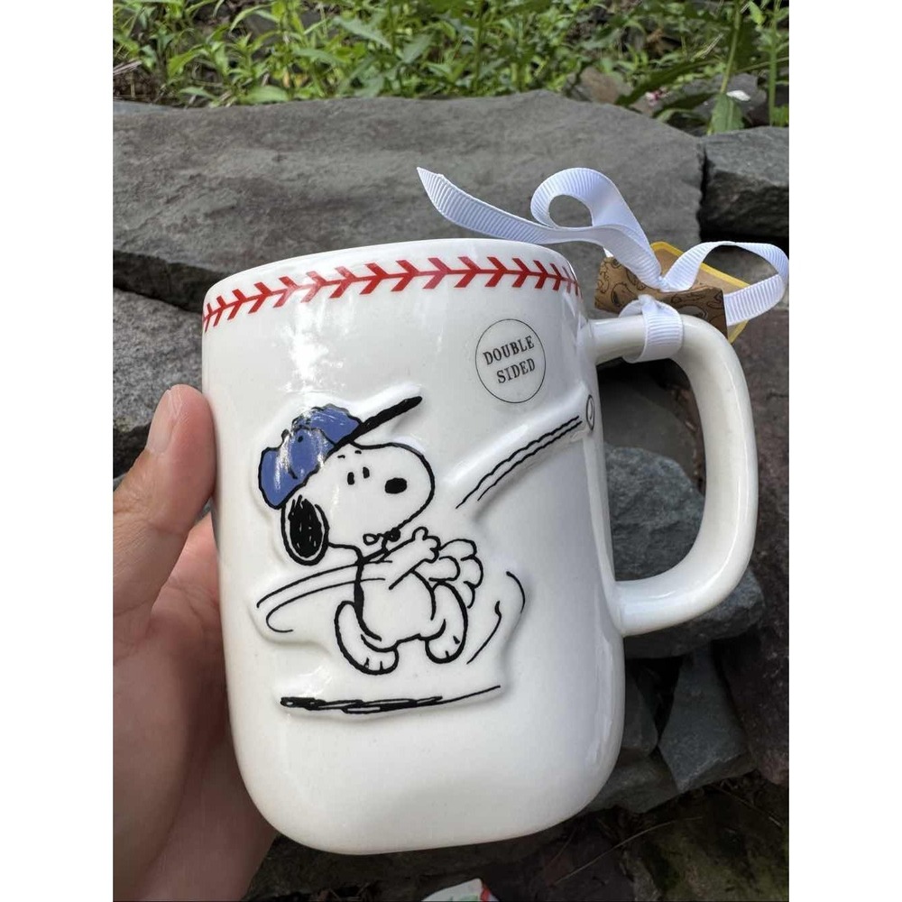 Rae Dunn Peanuts Snoopy Baseball PLAY BALL Double Sided Mug 2025 Blue Hat